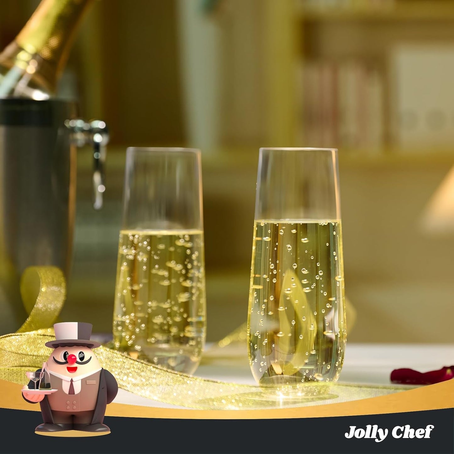 JOLLY CHEF 36 Pack Stemless Plastic Champagne Flutes 9 oz, Crystal Clear Stemless Plastic Toasting Glasses, Clear Disposable Unbreakable Drinkware Ideal for Wedding, Birthday, Party