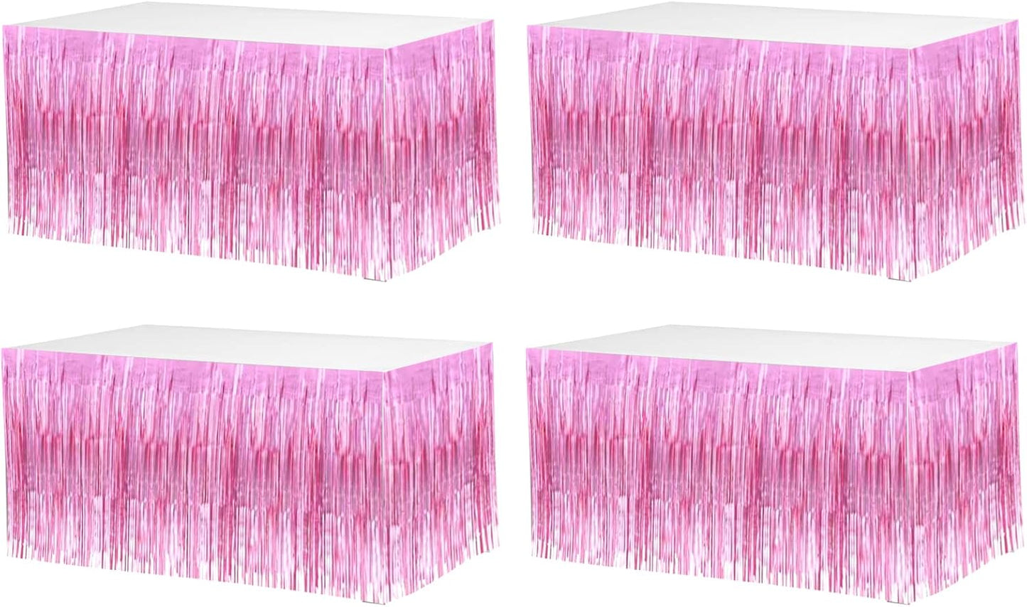 4 Pack 29x108 Inch Valentine's Day Metallic Foil Fringe Tinsel Table Skirts for Rectangle Tables Streamer Curtains Backdrop for Wedding, Birthday, Parade Floats Mardi Gras Party Decorations(Pink)