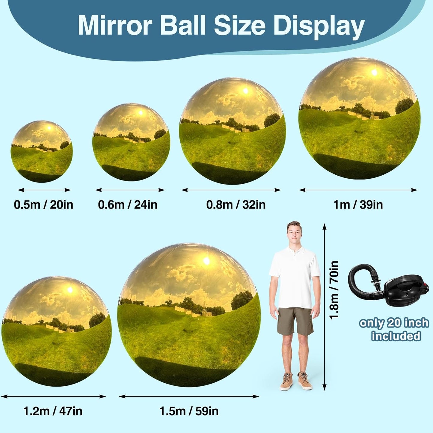 Inflatable Mirror Ball, Gold Big Shinny Balls Reusable Large PVC Disco Ball Balloon for Large Event Decoration, Party, Wedding Decor, Concerts, Stage (1 Pcs, 0.8m/31.5in Without Air Pump)