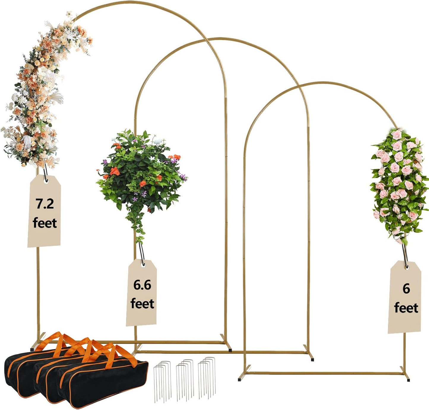 3-Pack Metal Arch Backdrop Stand Set (6/6.6/7.2FT) Heavy Duty Rust-Proof Wedding Decoration Frame with Crossbar Base for Party, Photo Booth, Balloon & Flowers Decor (Gold, 6FT,6.6FT,7.2FT)