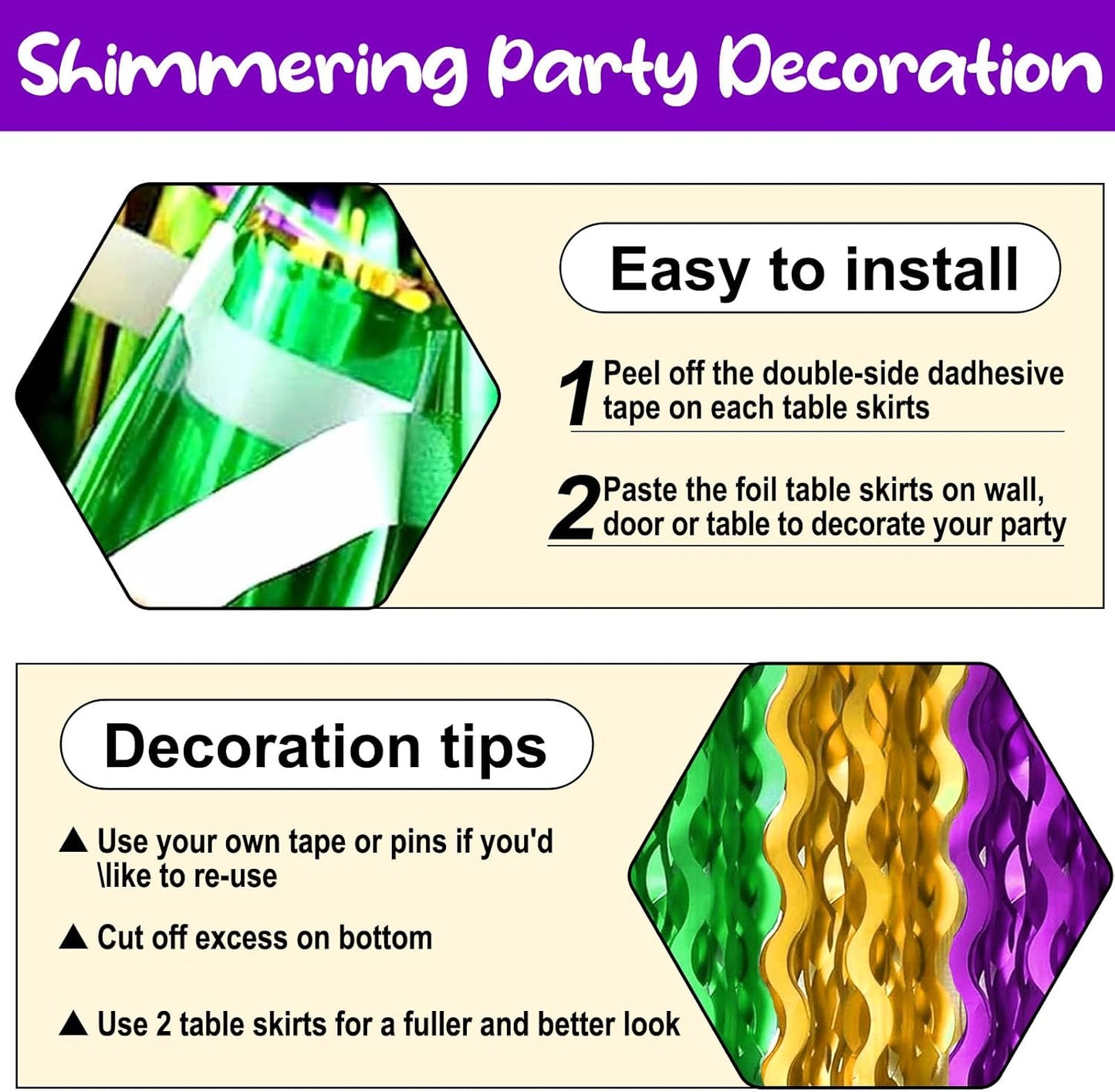 6 Pack 29 x108 Inch Gold Green Purple Wave Foil Fringe Table Skirts Metallic Banner for Tinsel Streamer Garland Backdrop for Parade Floats, Mother's Day, Easter, Wedding, Birthday Party Decoration