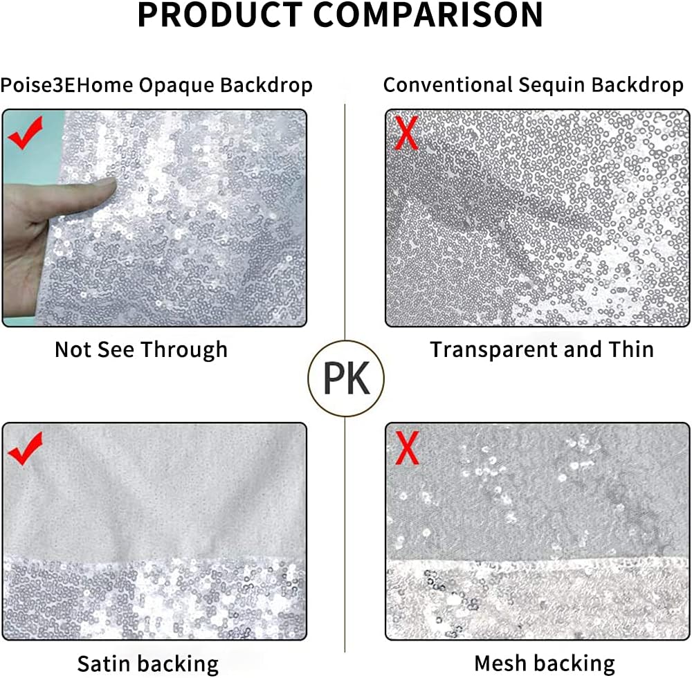 Poise3EHome 6Ft x 8Ft Silver Sequin Backdrop Curtain, Glitter Thick Satin Background Drapes, Sparkly Opaque Photography Curtain, Sequence Xmas Thanksgiving Backdrop for Wedding Party Holiday Decor