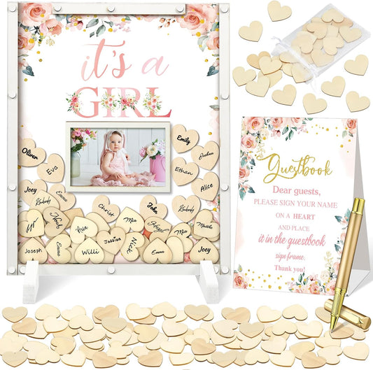 65 Pcs Baby Shower Guest Book Decorations Baby Shower Sign in Guest Book Alternatives Floral It's a Girl Decorations with Photo Frame and 60 Wood Slices Keepsakes for Guests