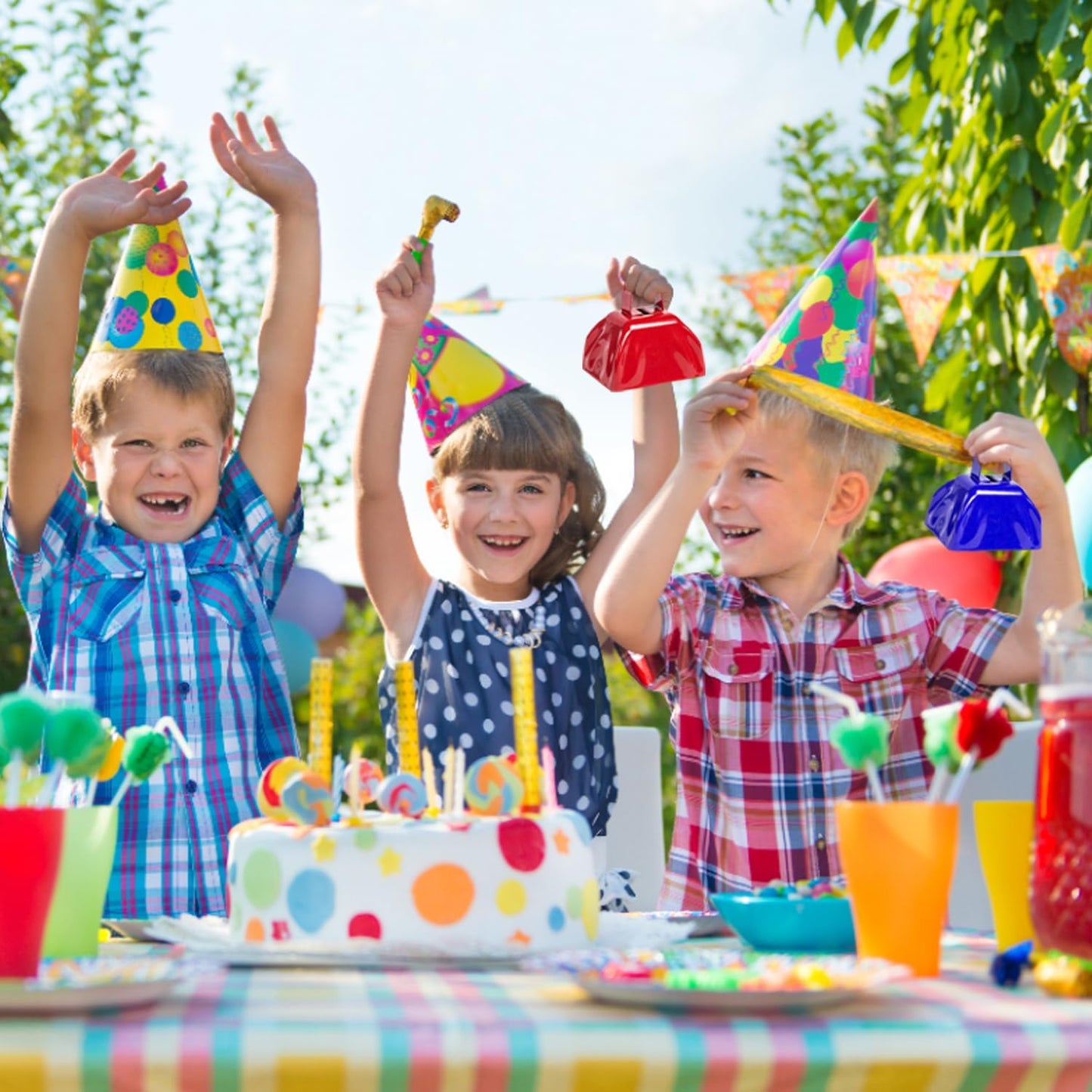 Metal Cow Bell Noise Maker - 3 Inch Pack of 4 - Small Loud Metal Cowbell Noisemaker with Handle - Great for Football Games, Sporting Events, Weddings, New Year's Eve, Birthday Parties