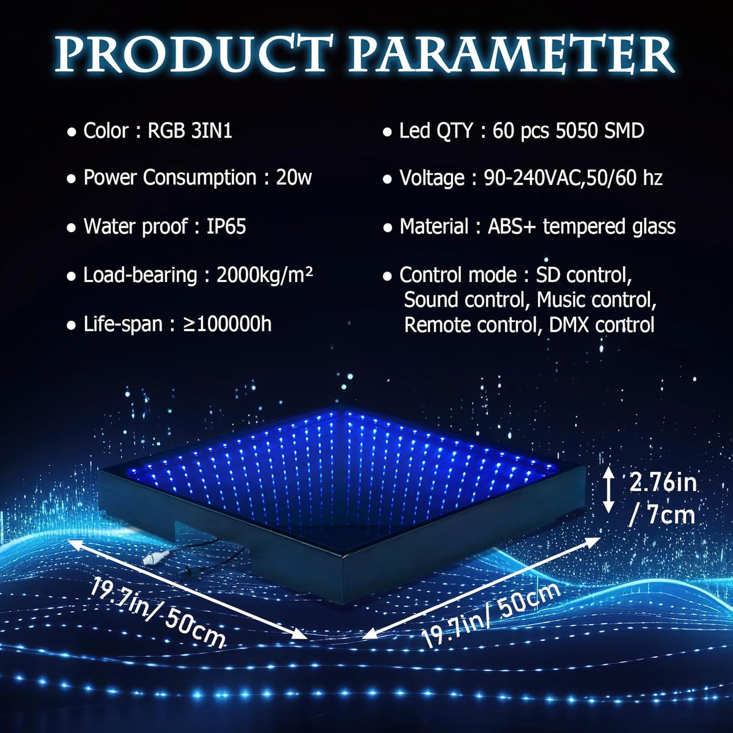 Dance Floor Stage Lights-Tempered Glass with Flight Case - RGB Color Changing Lights for Wedding, Party, Club - Non-Slip (3D -Magnetic, 8 * 8 FT)