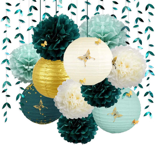 Hunter Green and Gold Hanging Tissue Lantern Flowers Pom Pom with 3D Butterflies Leaf Garland Streamer for Botanical Wedding Bridal Baby Shower Birthday Engagement Bachelorette Party Decorations