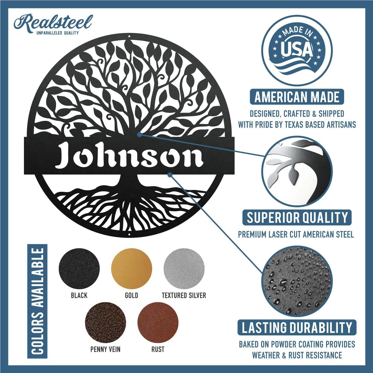 RealSteel Personalized Metal Wall Art - Custom Tree of Life Design with Family Name - Circular Metal Sign - Personalized Wedding, Anniversary, or Housewarming Gift - Black, 24"