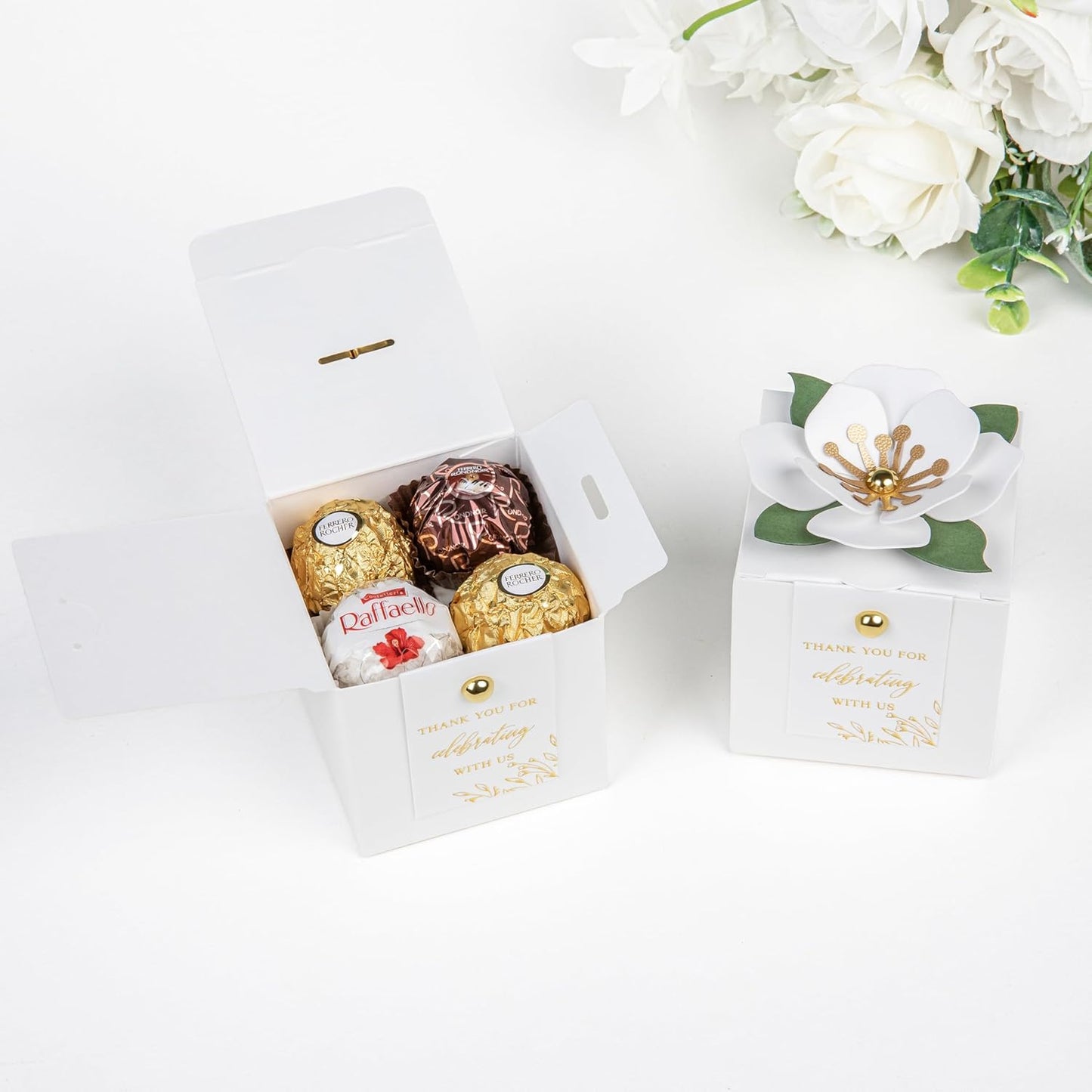 FEIYI 20 PCS Favor Boxes, 3 In 1 White Candy Boxes with Floral Decor, White Thank You Tags Gold Foil Print Gift wrapping for Wedding, Baby Shower, Birthday, Decorations Party - 2.55x2.55x2.55