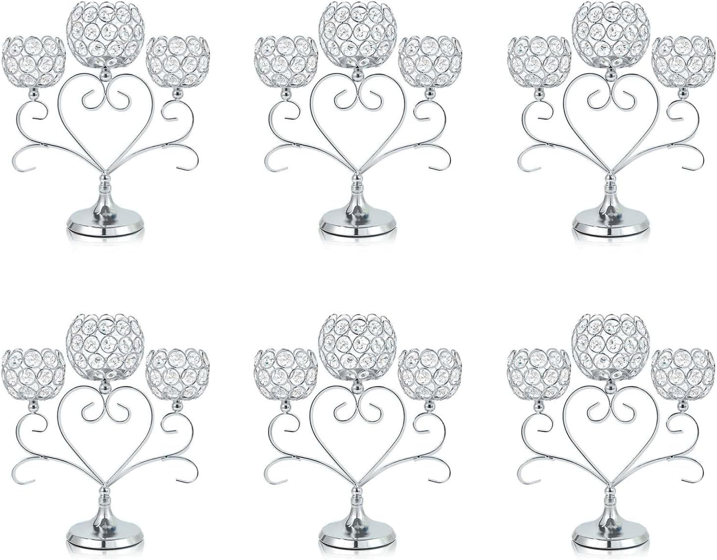 6 Pcs Silver 3-Arm Heart Tea Light Candle Holder - Crystal & Metal Wedding Centerpiece Decor, Sparkling Table Decor for Anniversaries/Romantic Tabletop Home/Dinner Party/Events