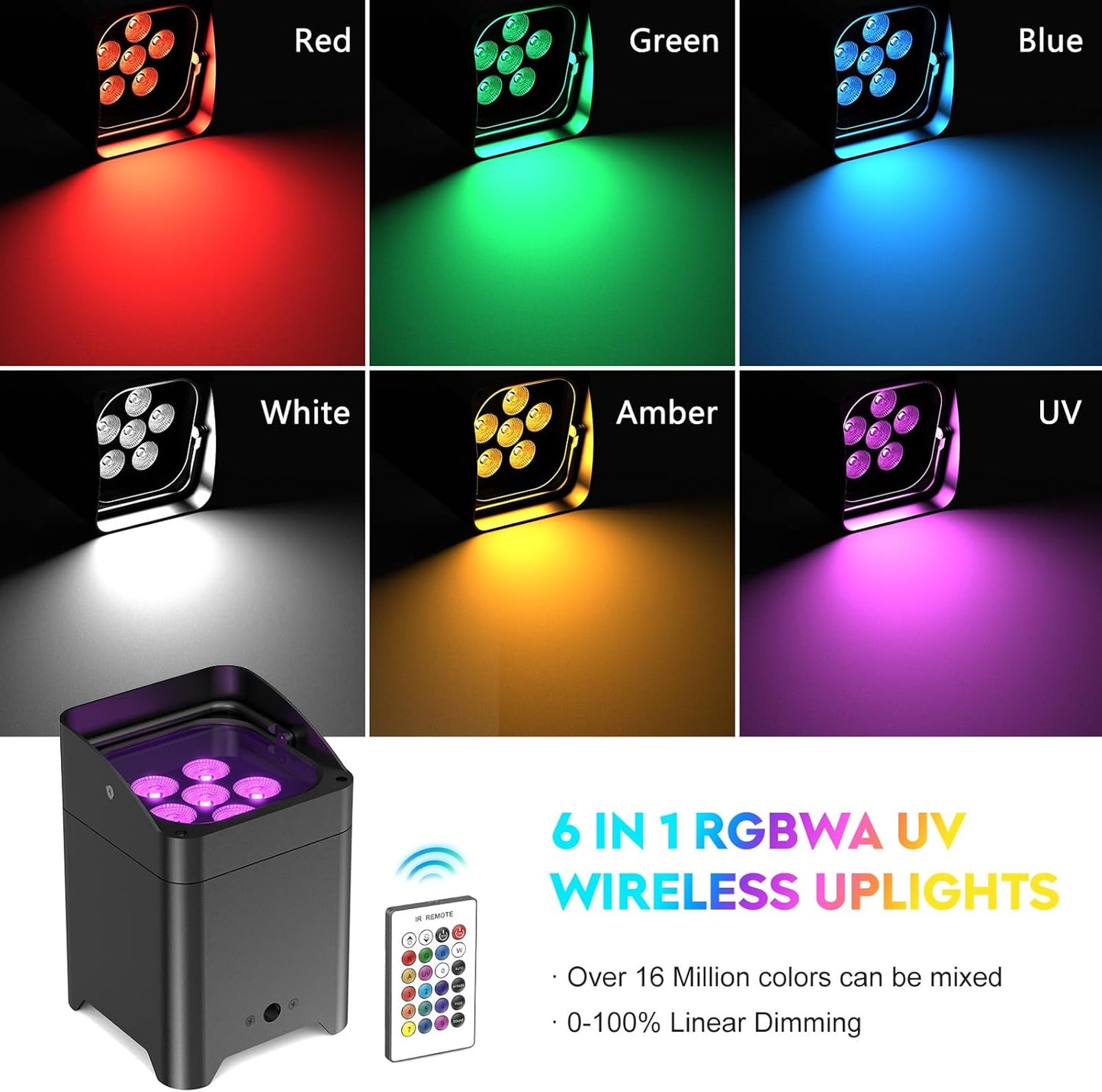 9600mAh Wireless Uplights with Charging Case, 6x18W RGBWA UV Stage Lights, APP/DMX512 Controlled Par Lights, Rechargeable Battery Powered Uplights for Show, Party,Black 6 Pack