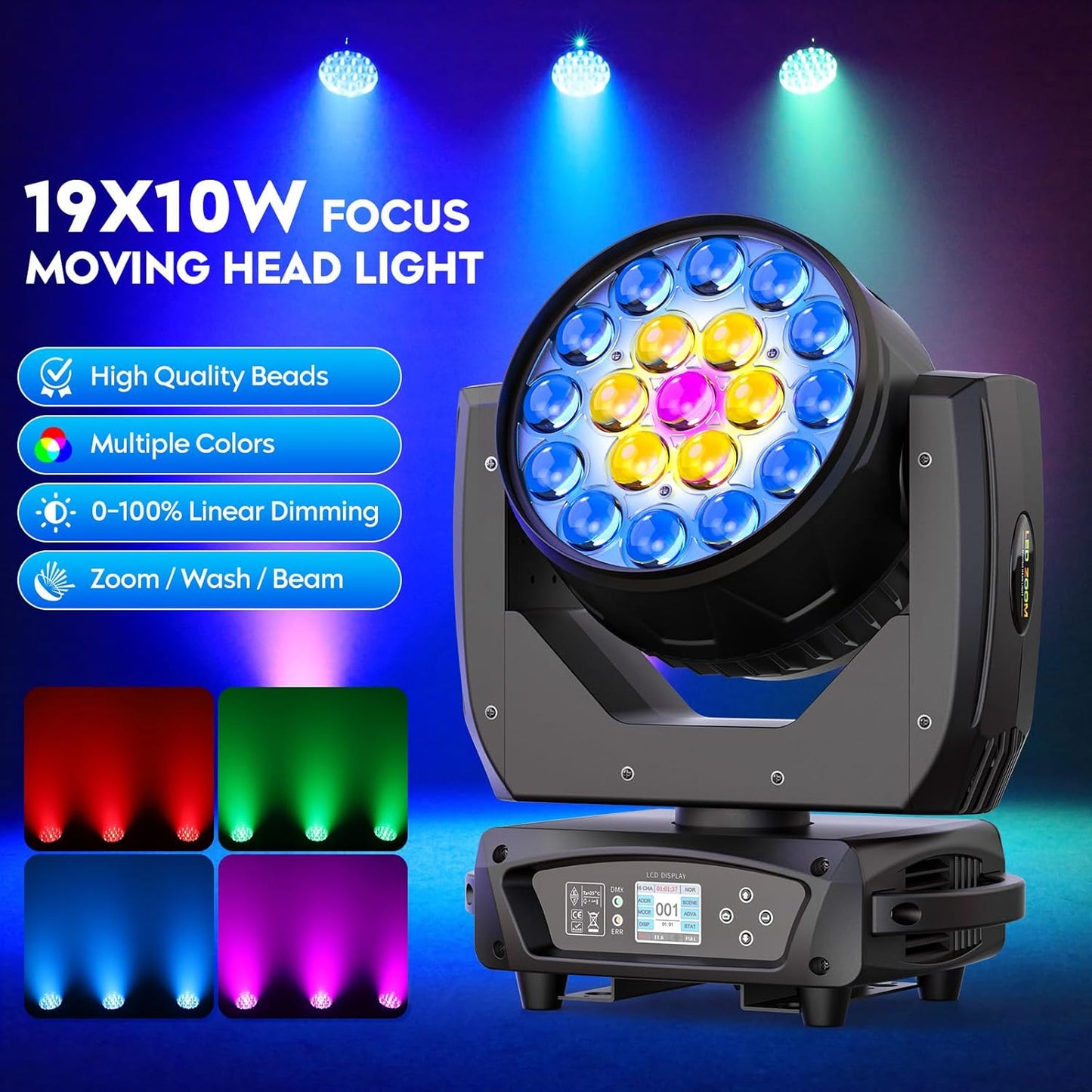 19x10W Moving Head Light Focusing/Beam/Wash/Zoom Effect Stage Lights 4-in-1 LED DMX512 & Sound Activated Control for DJ Disco Nightclub KTV Bar Theater Shopping Mall (6 PCS