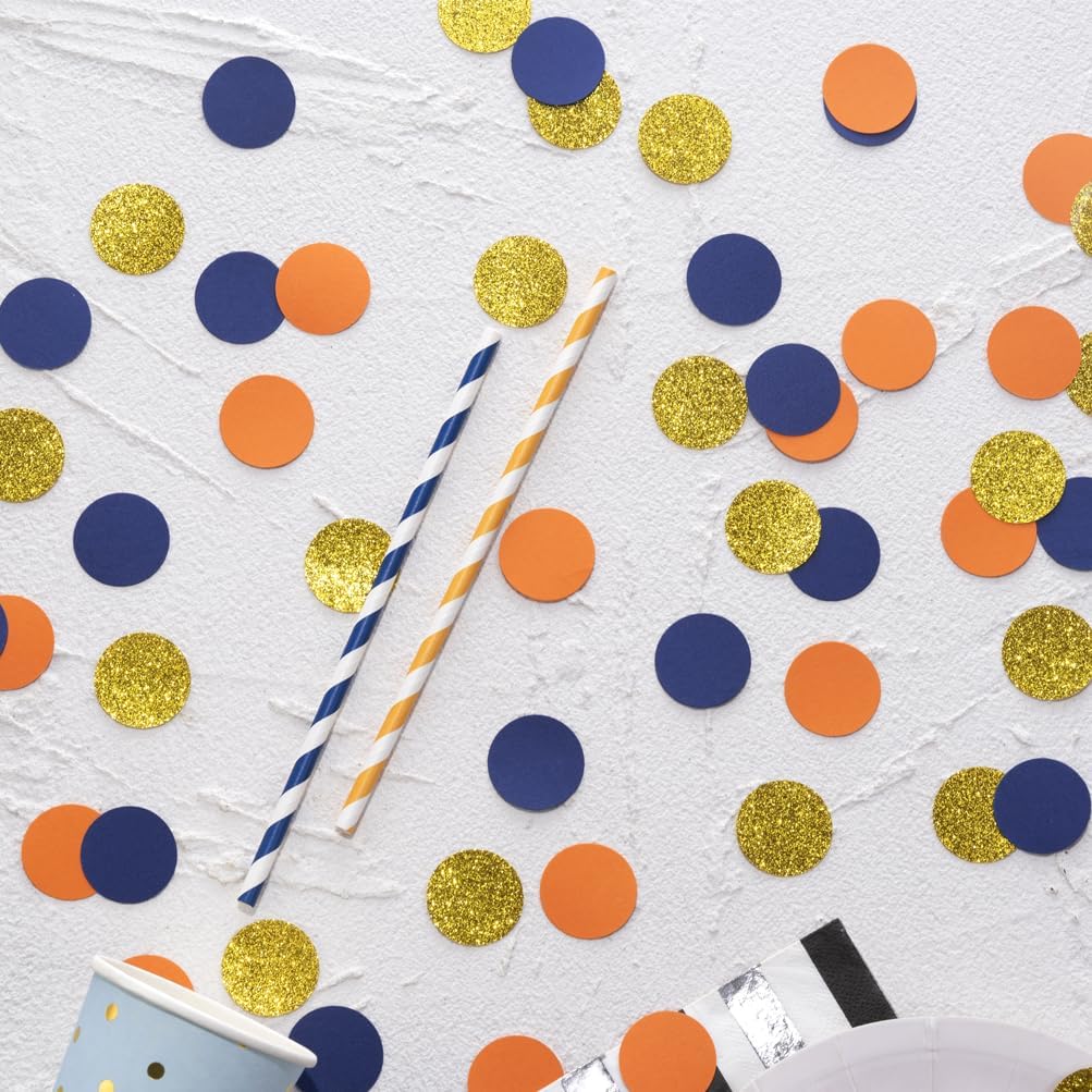 Gold Blue and Orange Confetti Table Decoration for Baby Shower Birthday Wedding Graduation Retirement Party, 1.2 inch in Diameter, 200 Counts
