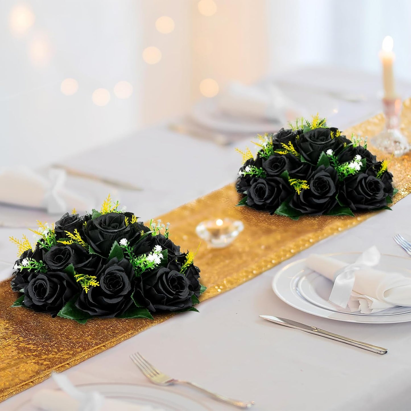 BLOSMON Flower Balls Wedding Rose Centerpieces 2 Pcs Black Fake Flowers Kissing Balls Decor Artificial Floral Arrangements Flower Bouquet of Roses Home Party Room Table DIY Decorations