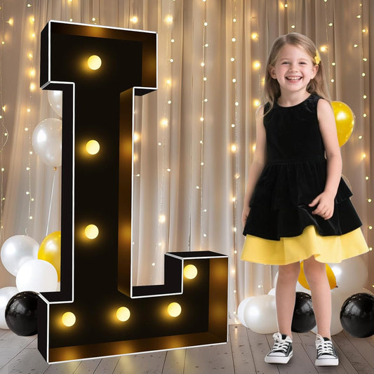 Pooqla 3 FT Marquee Light Up Letters, Black Marquee Letter Lights 3 Feet Tall, Giant LED Sign Big Mosaic Letters for Balloons Birthday Party Anniversary Wedding Decorations, Warm White L