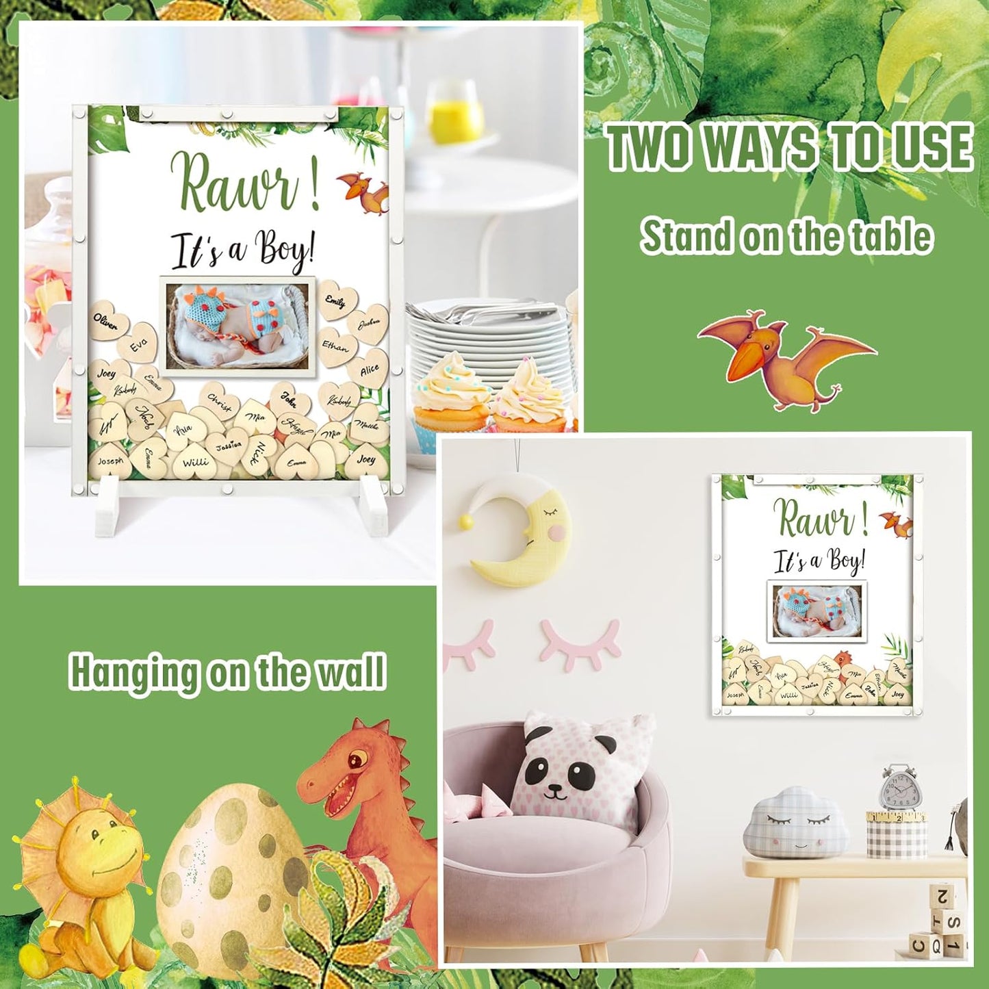 65 Pcs Dinosaur Baby Shower Guest Book Alternatives He or She Gender Reveal Baby Shower Decorations Sign in Guest Book with Picture Frame and 60 Wooden Chip