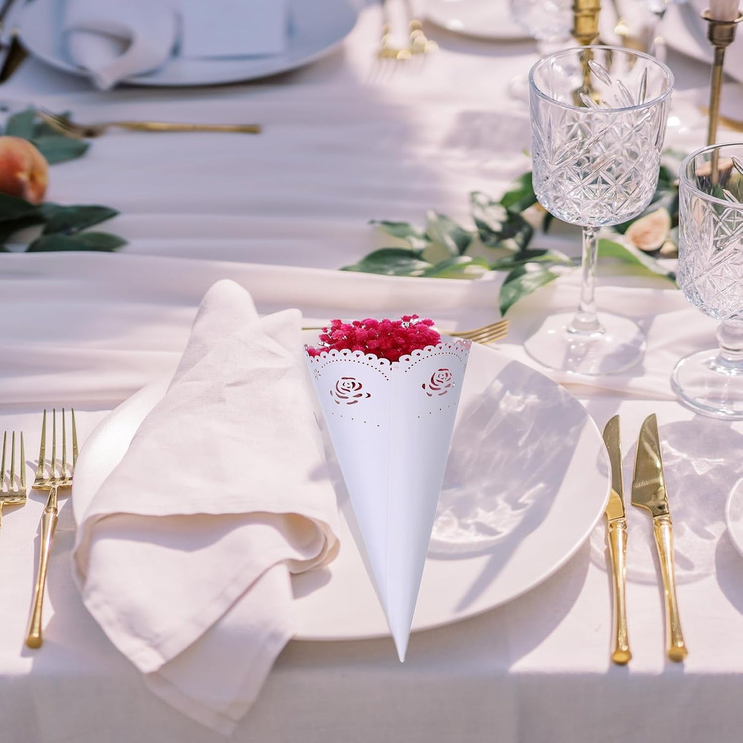 PATIKIL Wedding Confetti Cones, 50 Pcs Paper Tapers Hollow Print Lace Cone Bouquet for Party Candy Gift Boxes Chocolate Bags Buffet Bachelor Party Petals, Light Blue