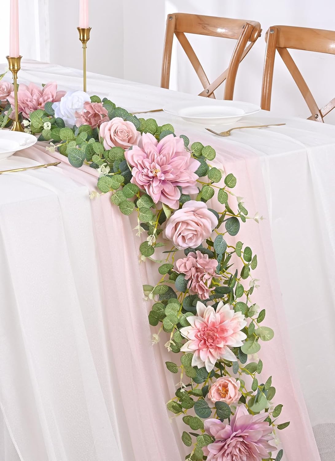 Waipfaru Artificial Flower Garland, 6.07ft Eucalyptus Garland with Flowers for Wedding Reception Table Mantle Room Decor (Rose Pink)