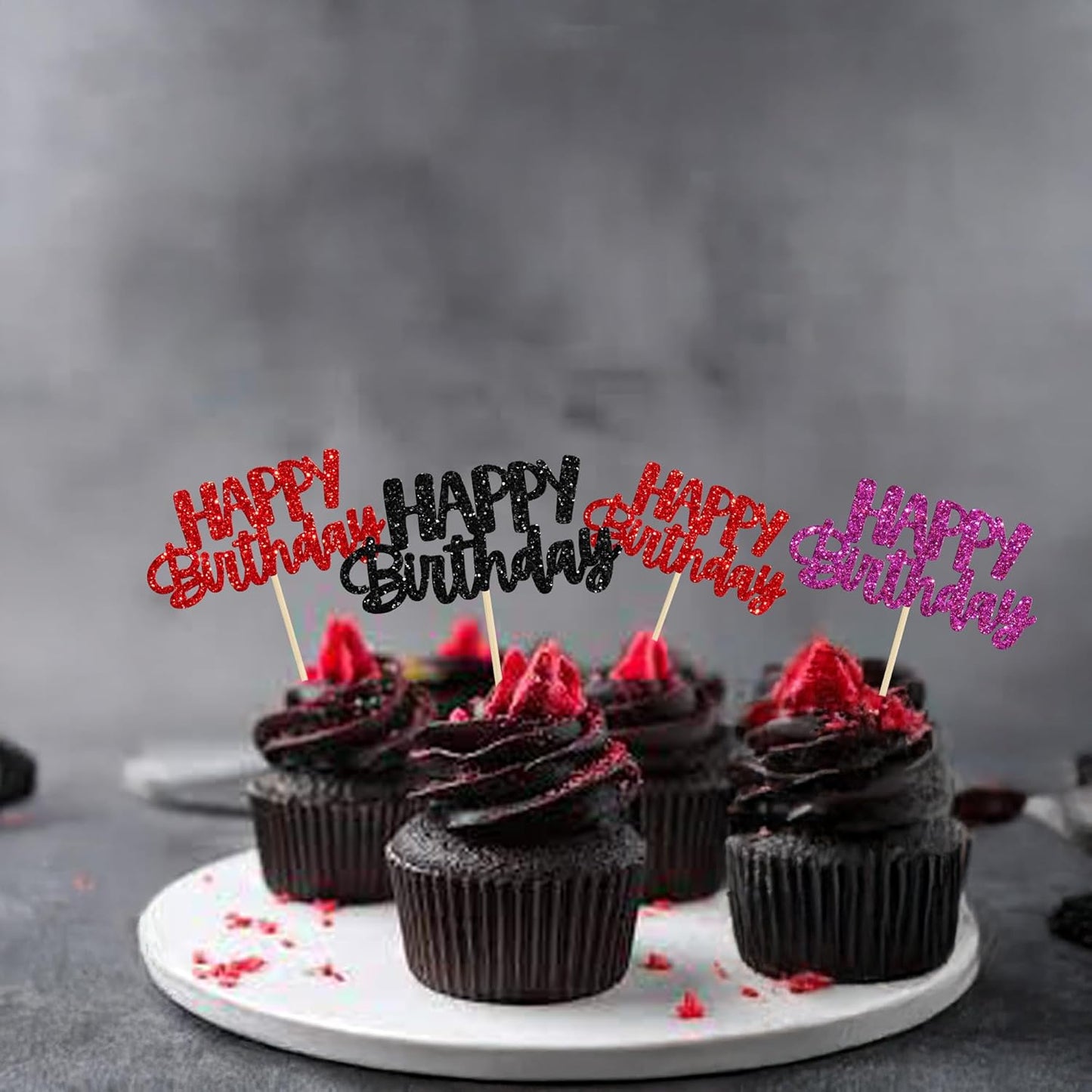 Gyufise 24Pcs Happy Birthday Cupcake Toppers Glitter Birthday Cupcake Food Picks for Celebrating Happy Halloween Theme Party Cake Decorations Supplies Black Purple Red