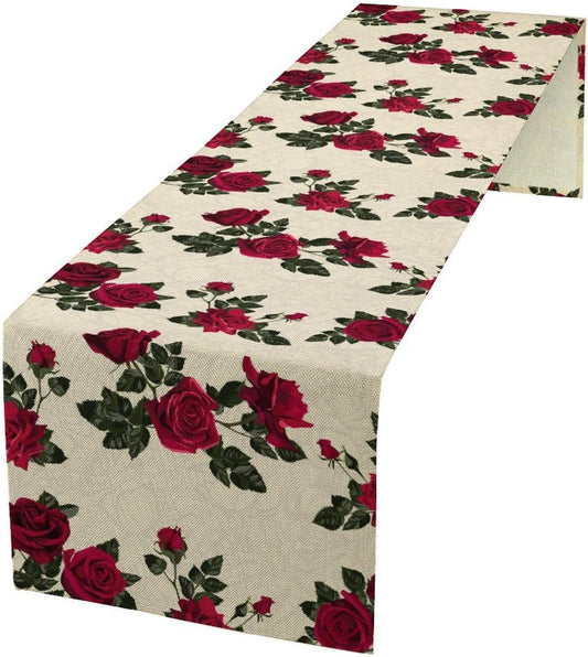 Vintage Rose Table Runner, Red Flowers Green Leaves Valentine's Day Table Runner for Kitchen Dinning Table Runner Decor Home Wedding Party Holiday, 13x36 Inch