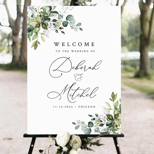 Greenery Wedding Welcome Sign, Eucalyptus Wedding Sign, Botanical Welcome Wedding Sign, Welcome to our Wedding Sign, Wedding Signs for Ceremony, Personalized Wedding Welcome Sign #08