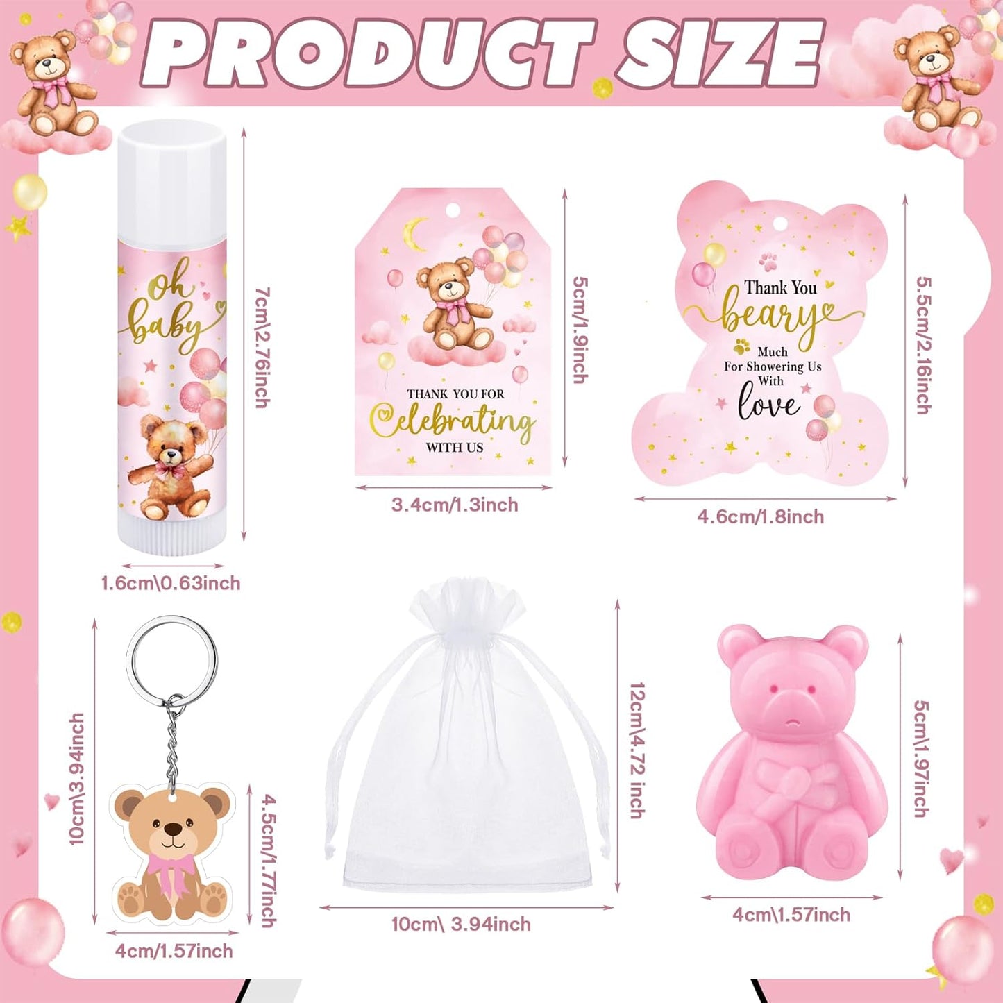 288 Baby Shower Favors Baby Shower Gifts Bulk Lip Balms Soaps Keychains Organza Bags Guest Appreciation Gift with Thank You Tags and Cards for Boys Girls Guest Gift(Pink,Bear)