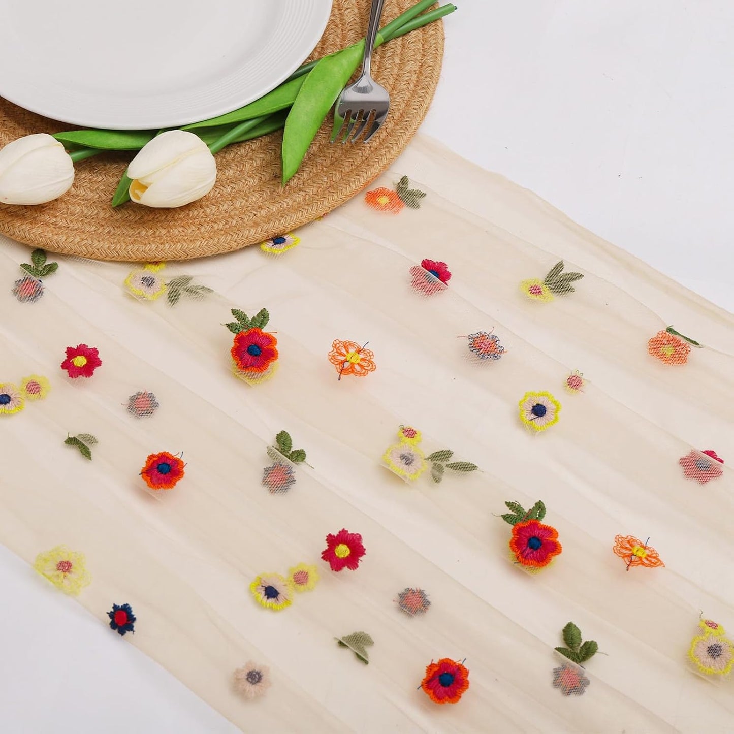 BINBE 3pcs Champagne Daisy Fall Table Runner Embroidery Gauze 10FT Florals Seasonal Tulle Holiday Birthday Kitchen Dining Table Decor for Home Party