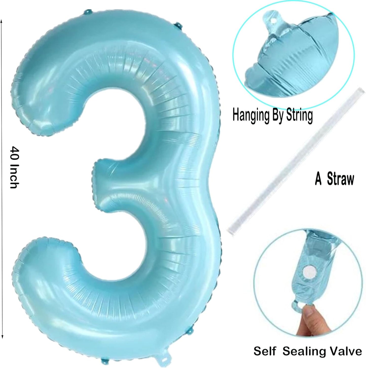 40 Inch Blue Large 0-9 Numbers Balloons,Digit 3 Helium Balloons,3rd Year Old Birthday Decor Foil Mylar Big Number Pastel Balloons for Birthday Party Anniversary Supplies Decorations (Blue 3)