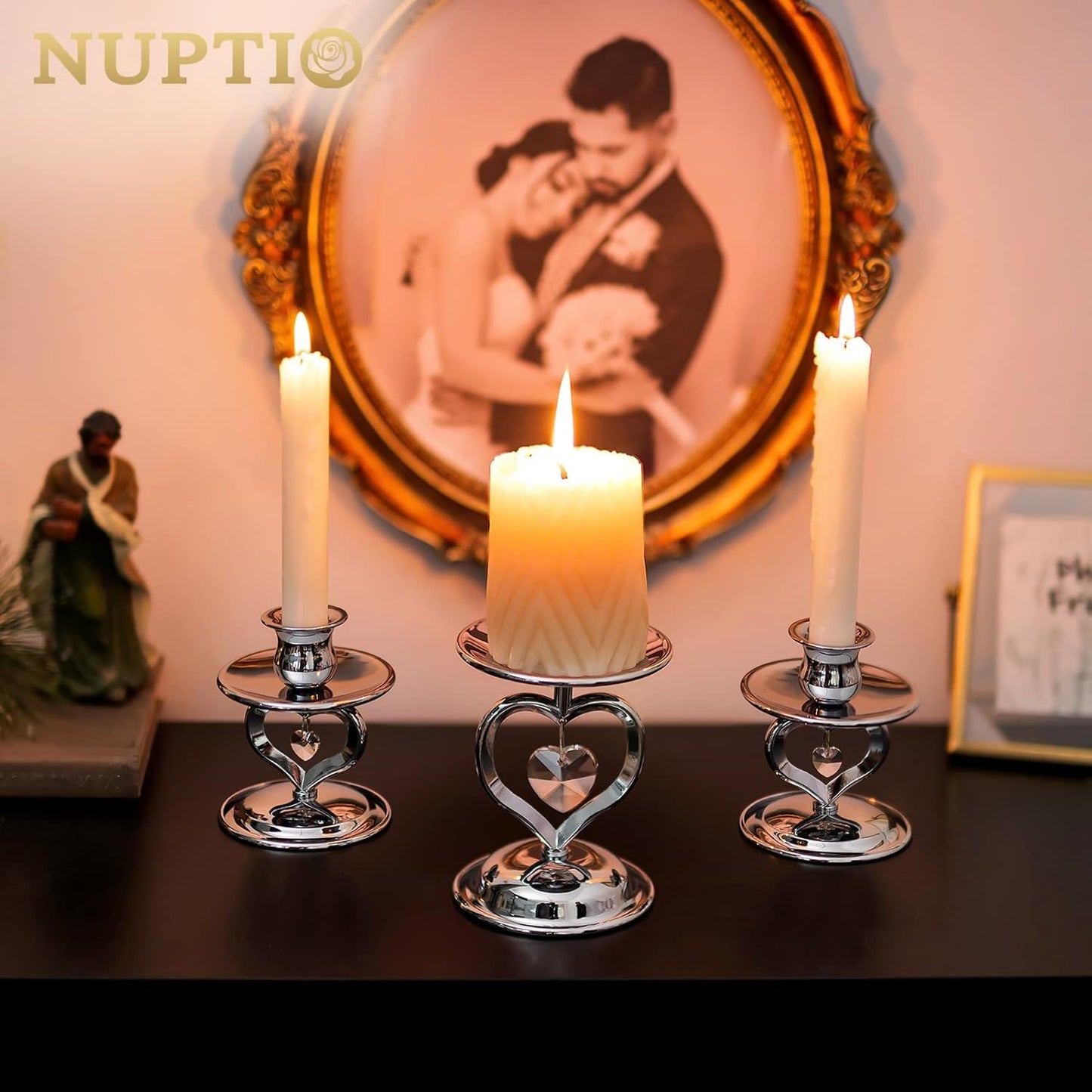 Nuptio Unity Candle Holder Silver Candlestick Holder for Pillar Taper Candles Metal Pillar Candle Holders Set of 3 Table Centerpiece for Wedding Anniversary Candlelight Dinner Decor