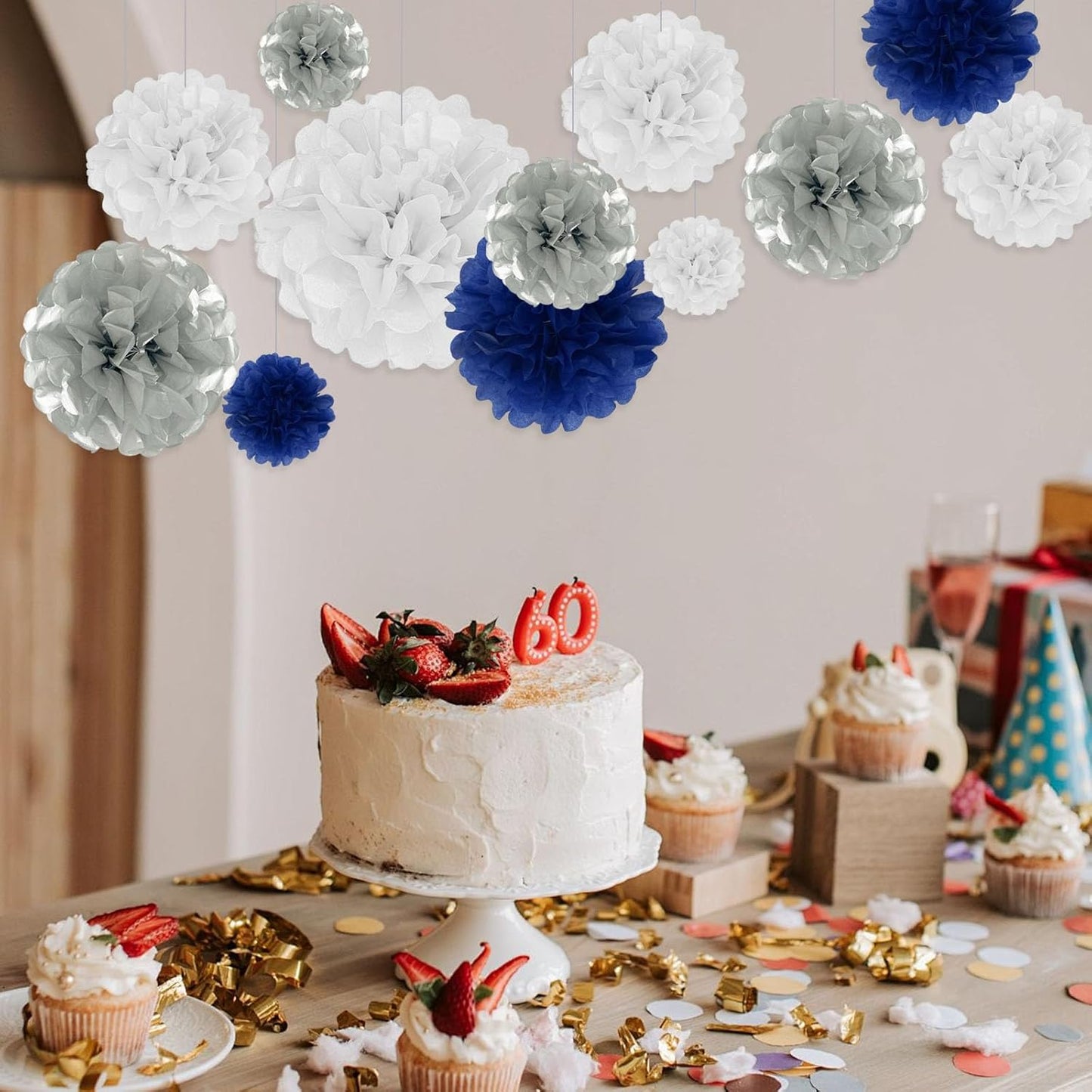 Tissue Paper Pom Poms, Silver Blue White Tissue Paper Flowers, Hanging Flower Balls for Weddings Fiesta Parties Birthday Baby Showers Classroom Bridal Shower Decoration (18Piece Set-6/10/12/14Inch)