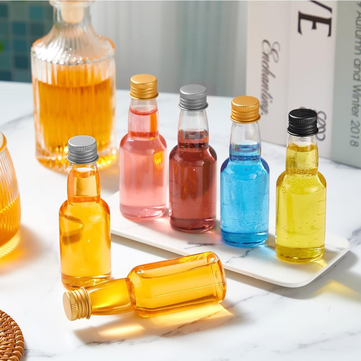 120 Pcs Mini Liquor Bottles Airtight Shot Miniature Empty Plastic Alcohol Spirit Shot Bottles with Funnels for Party Favors, Weddings(2 oz,Silver, Gold, Black)