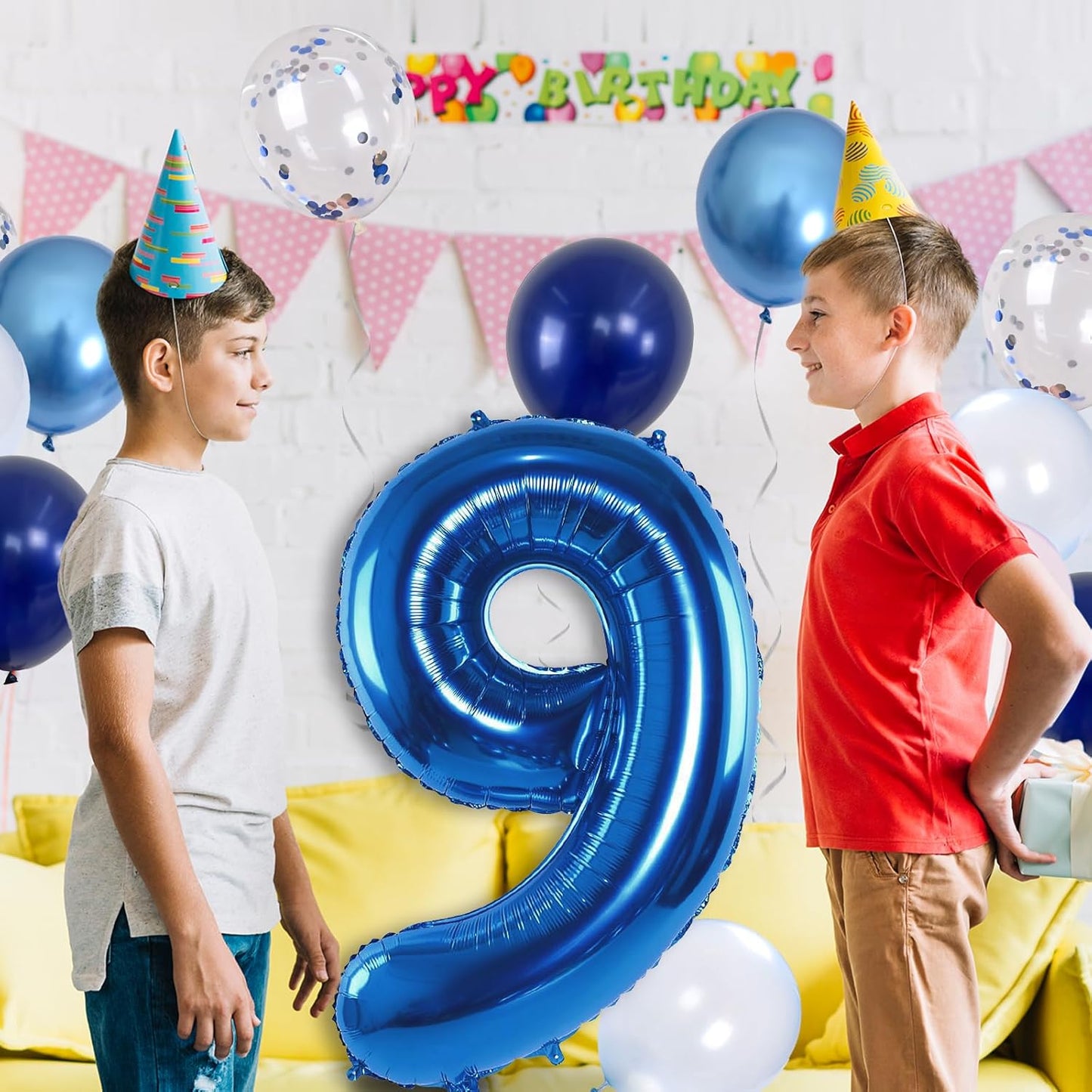 Navy Blue 9 Balloons, 40 Inch Dark Blue Foil Number 9 Balloon Set, XXL Self Inflating 9 Helium Balloon with Metallic Blue Silver Confetti Balloon for Boys 9th Birthday Anniversary Party Decorations
