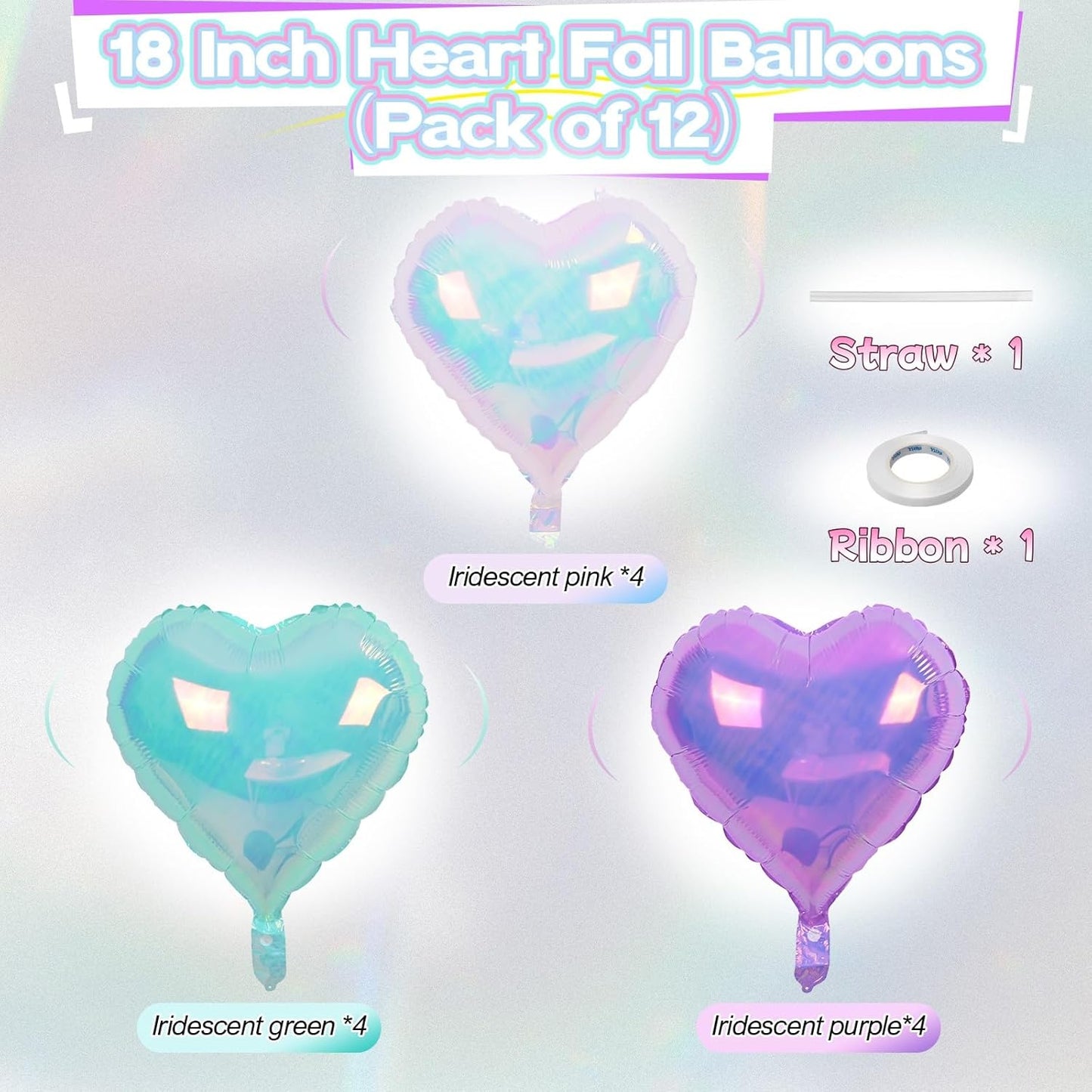 Iridescent Heart Balloons, 12Pcs 18Inch Transparent Crystal Heart Foil Balloon, Gradient Iridescent Pink Purple Green Balloon for Girls Women Princess Mermaid Birthdays Wedding Easter Party Decoration