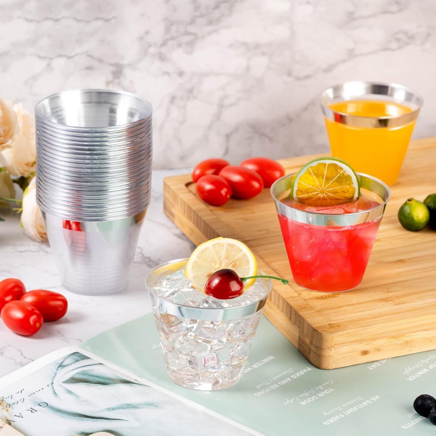 Goodluck 100PCS 9oz Disposable Silver Cups - Plastic Cocktail Glasses for Parties, Weddings, Thanksgiving & Christmas