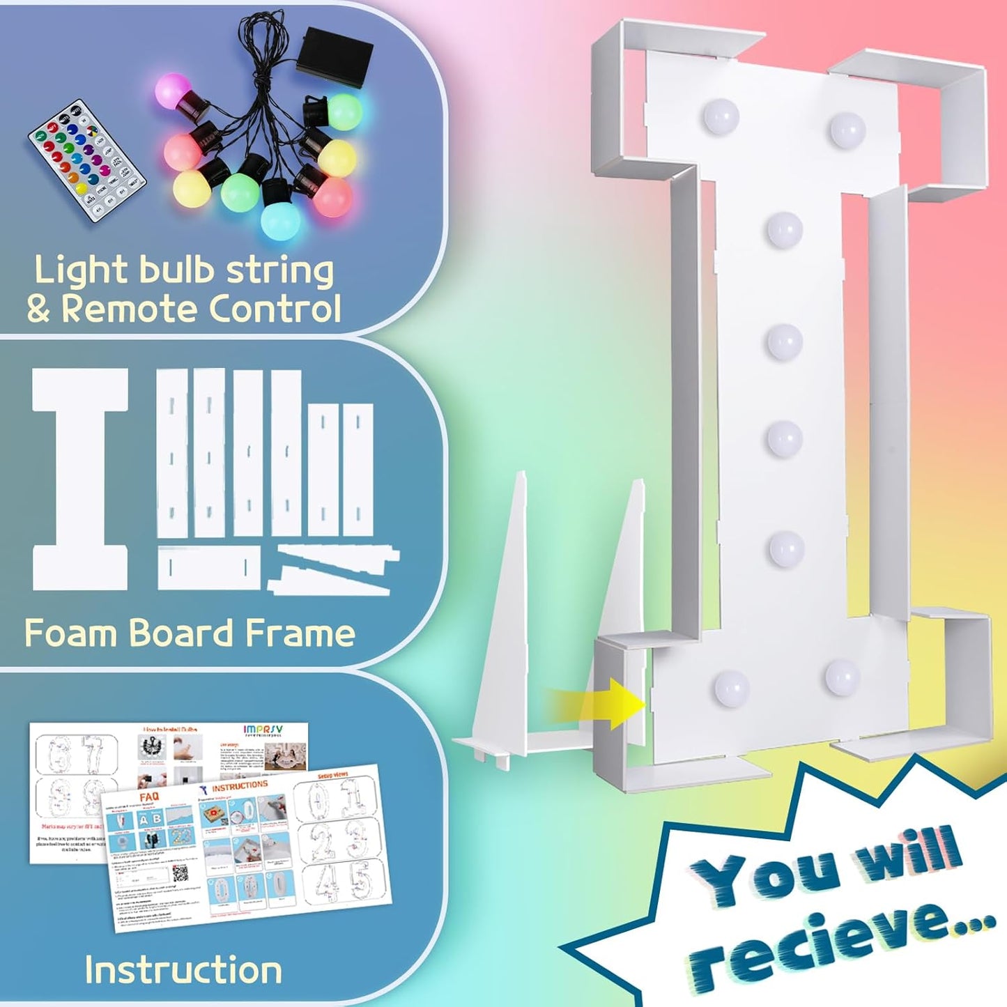 imprsv 3FT Colorful Marquee Light Up Letters I, 18 Colors Large Light up Letters Alphabet Sign with Remote, Big Marry Me Sign, Birthday Party Decorations Baby Shower Anniversary Wedding Decoration