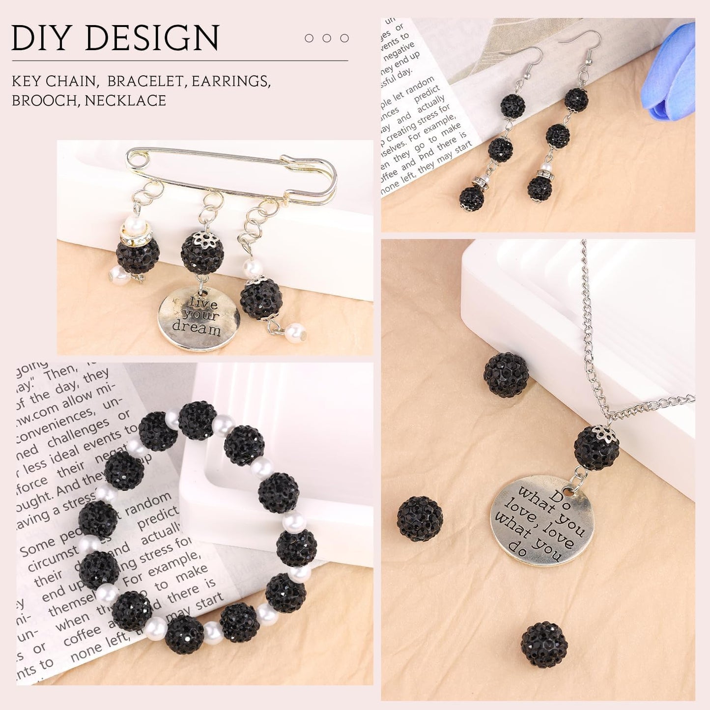 150 pcs 10mm Rhinestone Beads for Jewelry Making, Black Shiny Round Shamballa Disco Beads Bulk, Sparkle Crystal Clay Christmas for Bracelet Baseball Necklace Earring Crafting and DIY