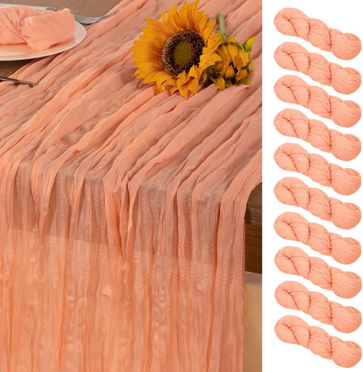 Peach Cheesecloth Table Runner 10 Pack Fall Table Runners Boho Gauze 120 Inches Cheese Cloth Fall Table Decorations for Sweet Little Peach Baby Shower Decor Wedding Bridal Thanksgiving Party