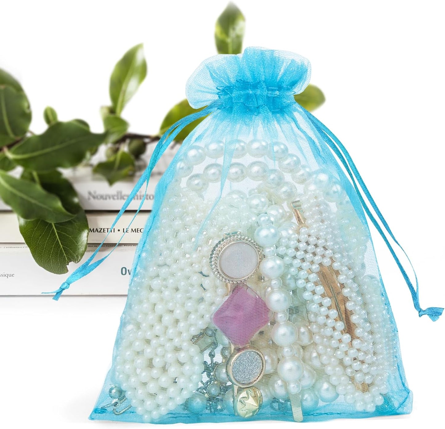 ANZNKU 50 Pack Organza Bags 4x6 Inch, Small Mesh Bag Drawstring Organza Gift Bags for Baby Shower, Party Favors(Lake Blue)