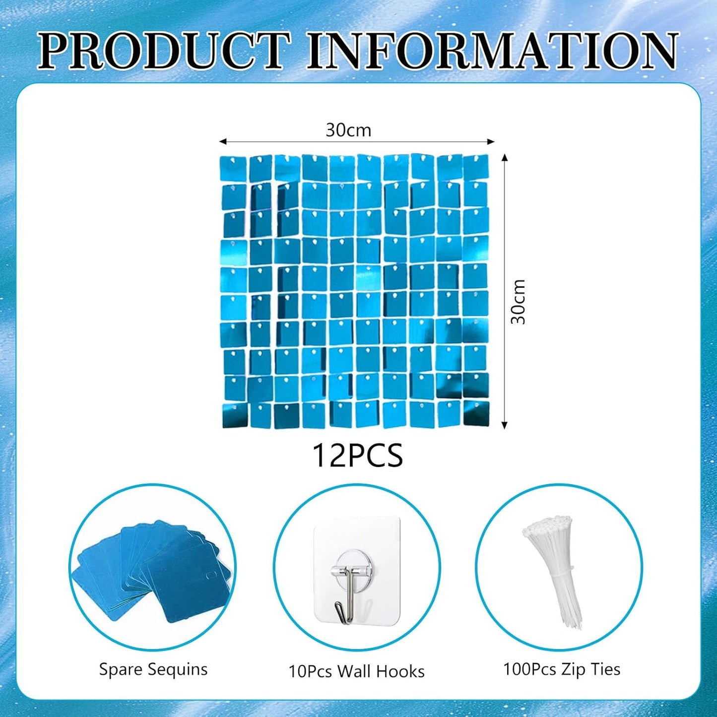 12PCS Lake Blue Shimmer Wall Backdrop, Square Sequin Photo Backdrops Panel, Glitter Wall Background for Birthdays, Weddings, Graduation, Baby Showers, Disco Bachelorette Party Decoration (3FTx4FT)