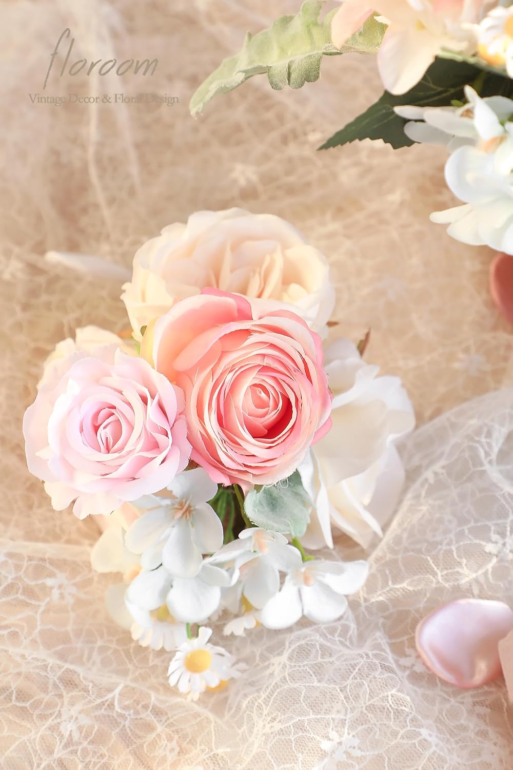 Floroom Blush Cream Artificial Flowers Fake Roses Peonies Dahlia and Greenery Combo Box Set for DIY Wedding Bouquets Bridal Shower Centerpieces Floral Arrangements Party Tables Home Decorations