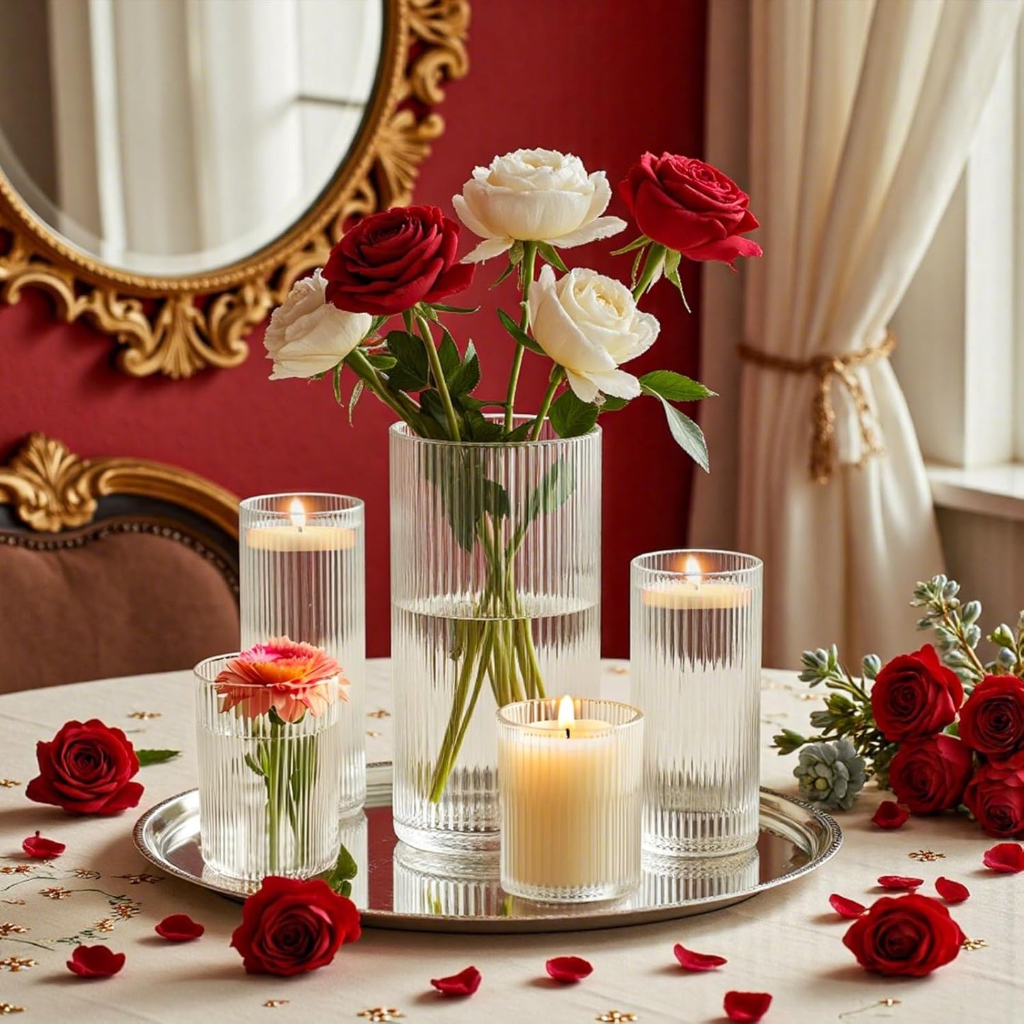 3 Pack Ribbed Glass Cylinder Vases 4,6,10 Inch Tall Clear Flower Vase Hurricane Floating Candle Holder for Table Centerpiece Wedding Home Decor