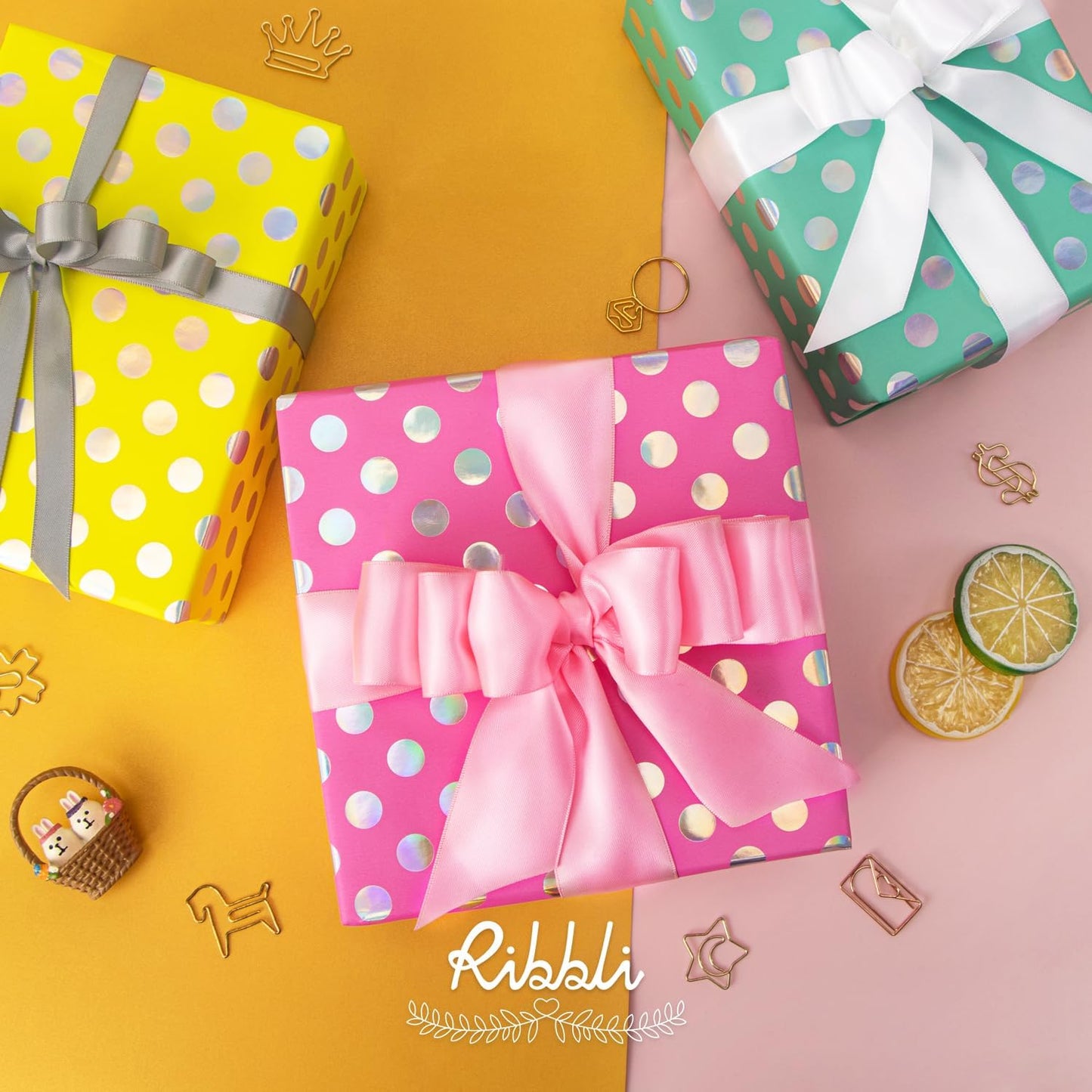 Ribbli Birthday Polka Dots Wrapping Paper Mini Roll, 3 Rolls Fluorescent Pink Aqua Yellow with Iridescent Foil Wrapping Paper for Kids Baby Shower - 17 inch x 120 inch(10feet) Per Roll