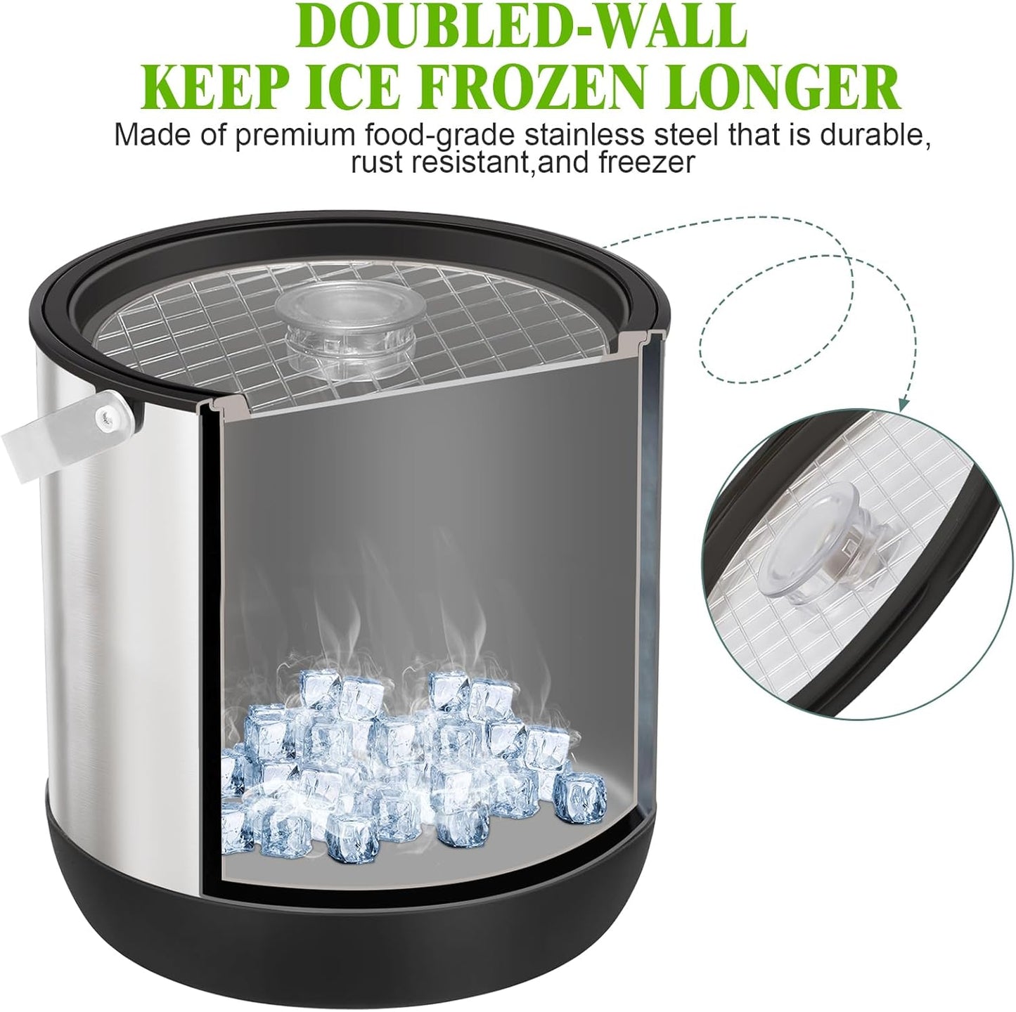 7QT/6.8LDouble-Wall Insulated Ice Bucket with Scoop & Lid, Large Capacity Stainless Steel Beverage Bucket for Party Cocktail Bar, Champagnes (Black)