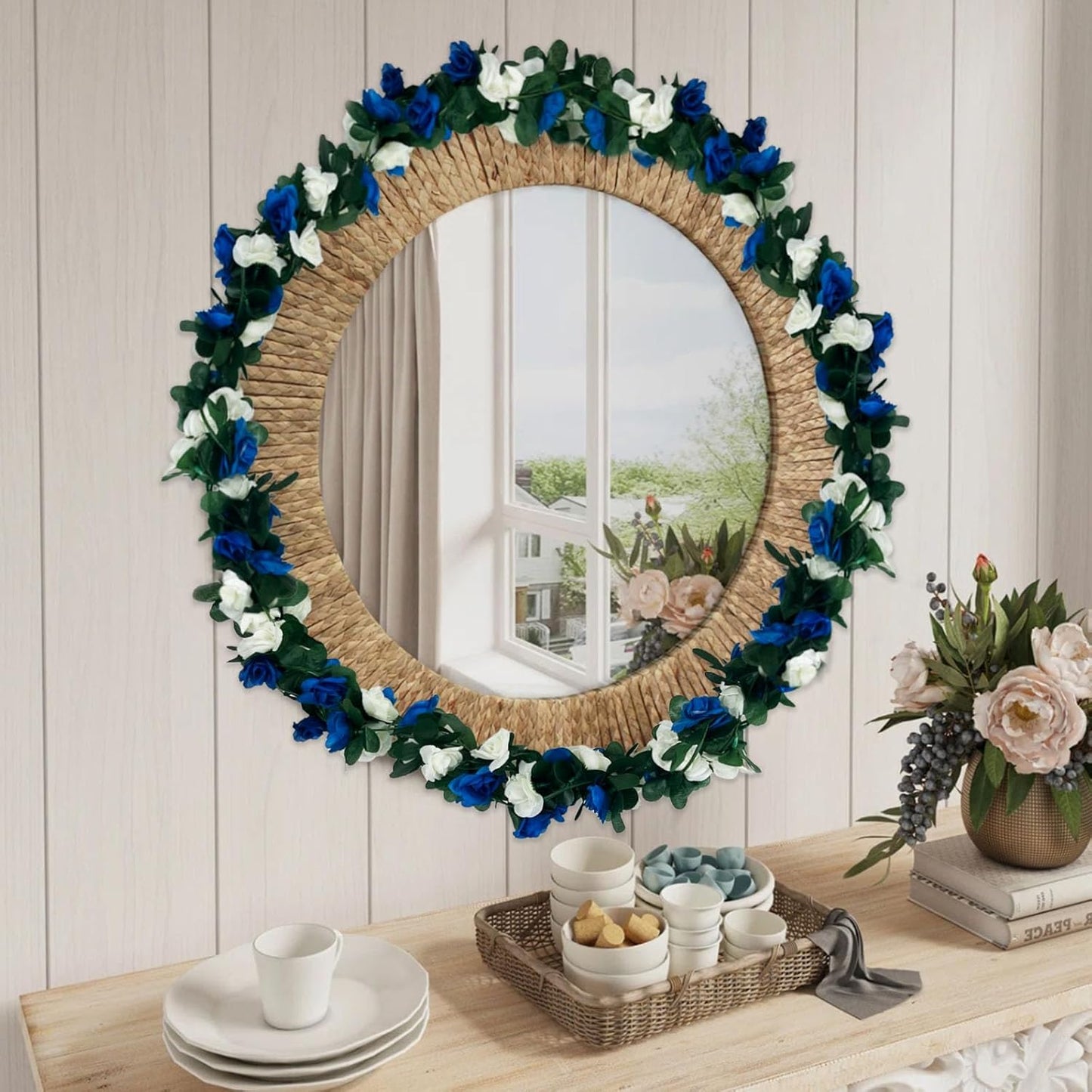 8Pcs 63Ft Royal Blue&White Fake Rose Hanging Flowers, Artificial Flower Vine, Hanging Floral Vine Garland for Wedding, Wall Arch, Halloween, Christmas Garden Backdrop Decor