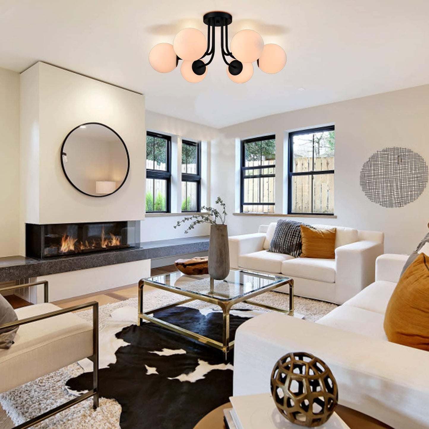 Modern 6-Light Black Metal Semi Flush Mount Ceiling Light With Globe White Glass Shade for Living Room Bedroom - Sputnik Chandelier Light Fixture