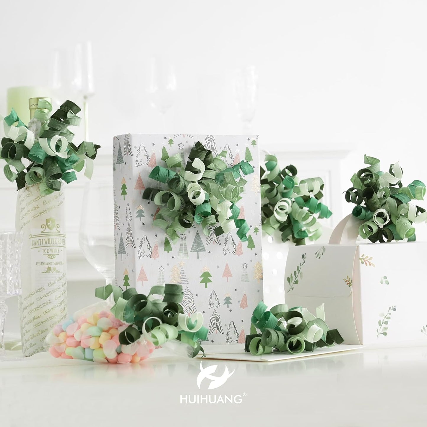 HUIHUANG Green Curly Gift Bows Self Adhesive Sage Green Burst Gift Bow for Gift Wrapping, Birthday, Wedding Baby Shower Party Favors, Wine Bottle, Treat Bags- 6 Counts