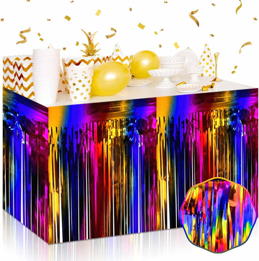3 Pack 29 x108 Inch Rainbow Foil Fringe Table Skirts Metallic Banner for Tinsel Streamer Garland Backdrop for Parade Floats Wedding Thanksgiving Birthday Christmas Halloween New Year Party Decoration