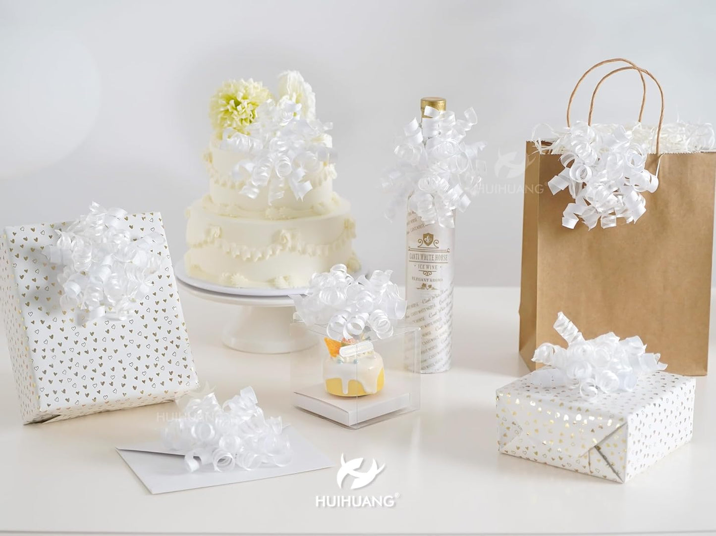 HUIHUANG White Bows for Gift Wrapping Christmas Gift Bows 5 inch x 8 Counts Self-Adhesive Curly Ribbon Bow for Presents, Paper Bag, Party Favors, Wrapping Accessories, Wedding Decor
