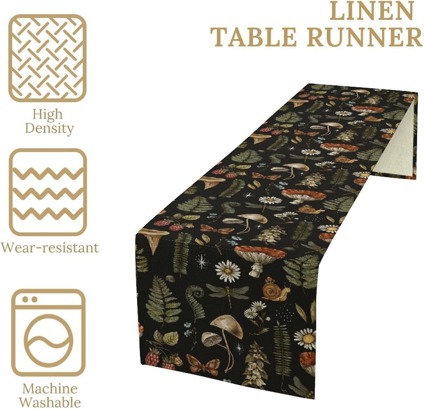 Mushroom Table Runner,Retro Forest Plant Table Runner for Kitchen Dining Table Home Party Decoration 13x60 Inch