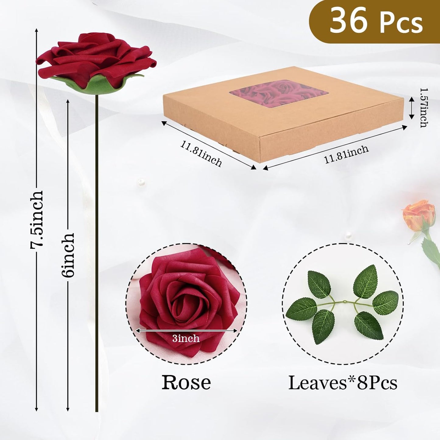 BLEUM CADE 36Pcs Artificial Flowers Fake Roses with Stems, Burgundy Boxed Foam Roses for DIY Bouquets Centerpieces Wedding Party Arrangement Bridal Shower Decor