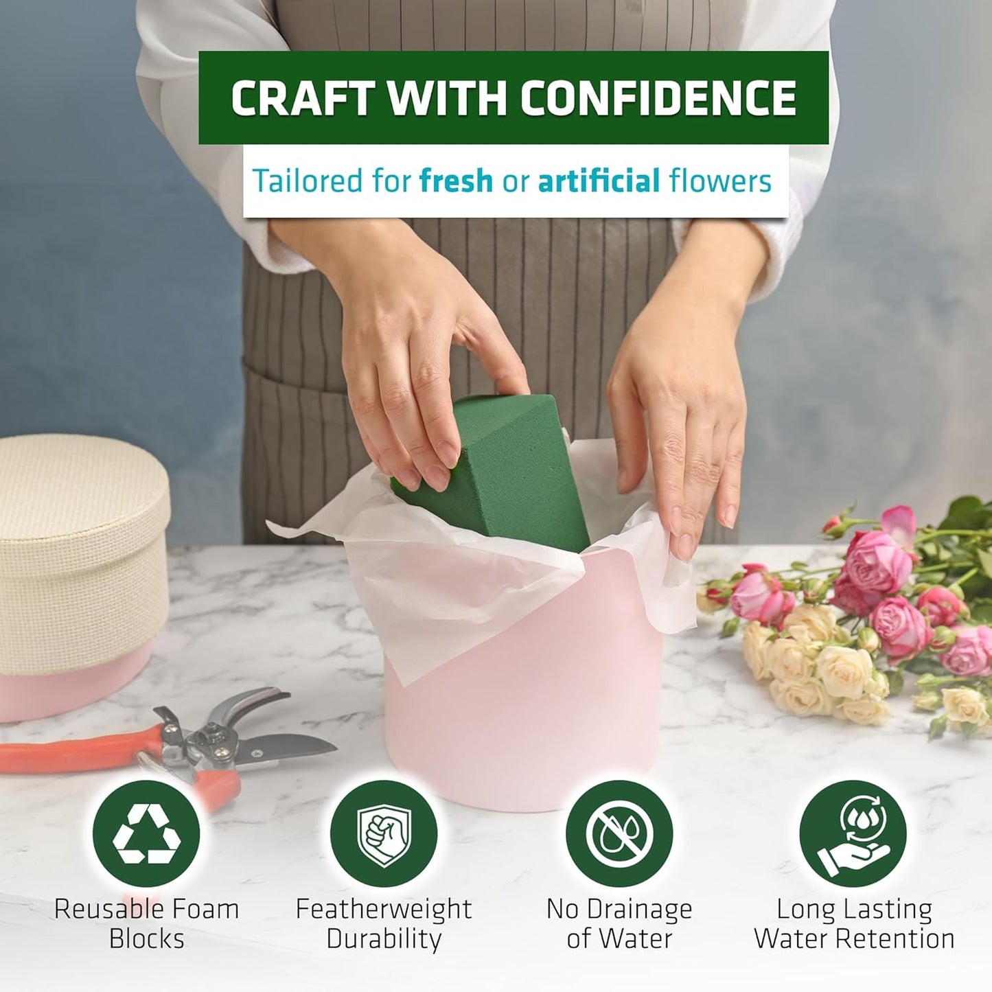 FLORABELS 8 PCS Wet Floral Foam Blocks for Fresh Flowers, Each (9"L x 4.1"W x 2.7"H)Green Foam for Flower Arrangements, Florist Foam Bricks for Weddings, Birthdays Gifts, Flower Foam Blocks for Crafts